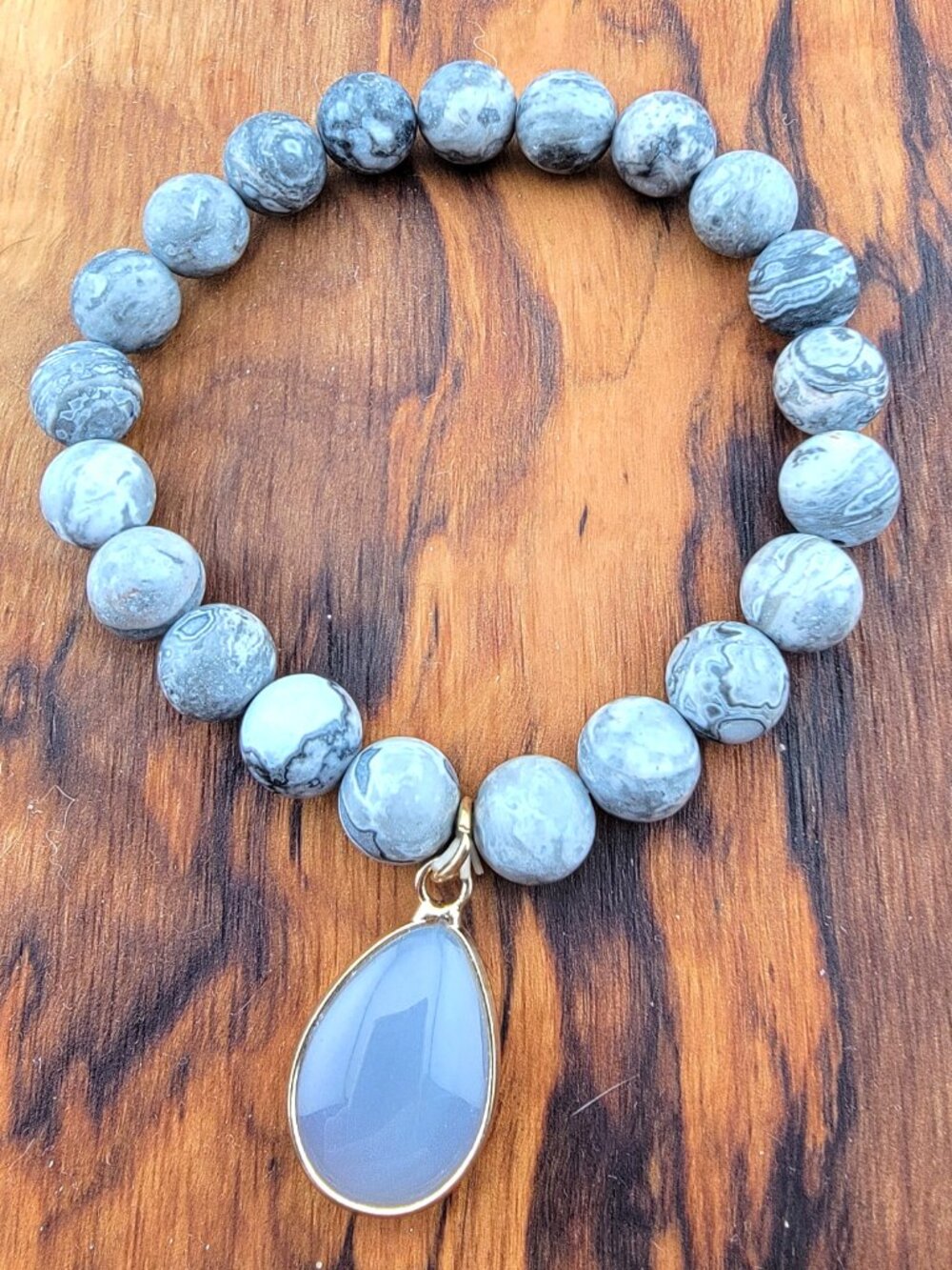 3/$30 🤎 Gray Jasper Bead Bracelet w/ Teardrop Pendant | Neutral Stretch Bracele